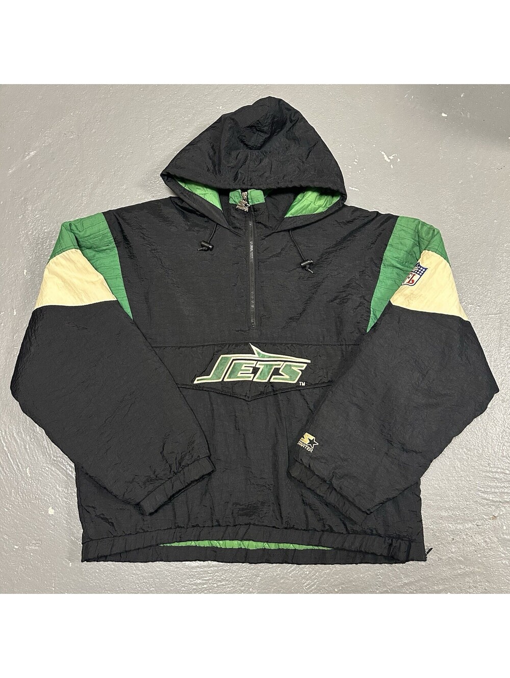 VINTAGE 90s NFL New York Jets Starters Half Zip Jacket Green Black Size XL